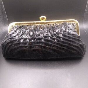 Vintage Whiting & Davis Black Mesh Metal Evening Bag Purse Rhinestone kiss lock